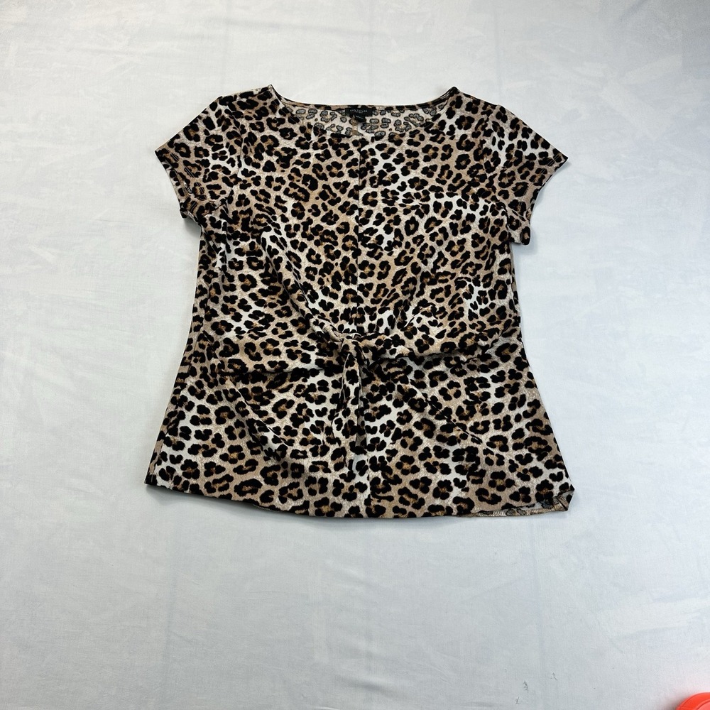 Ann Taylor Women's Medium Leopard Animal Print Tie Waist Short Sleeve Top